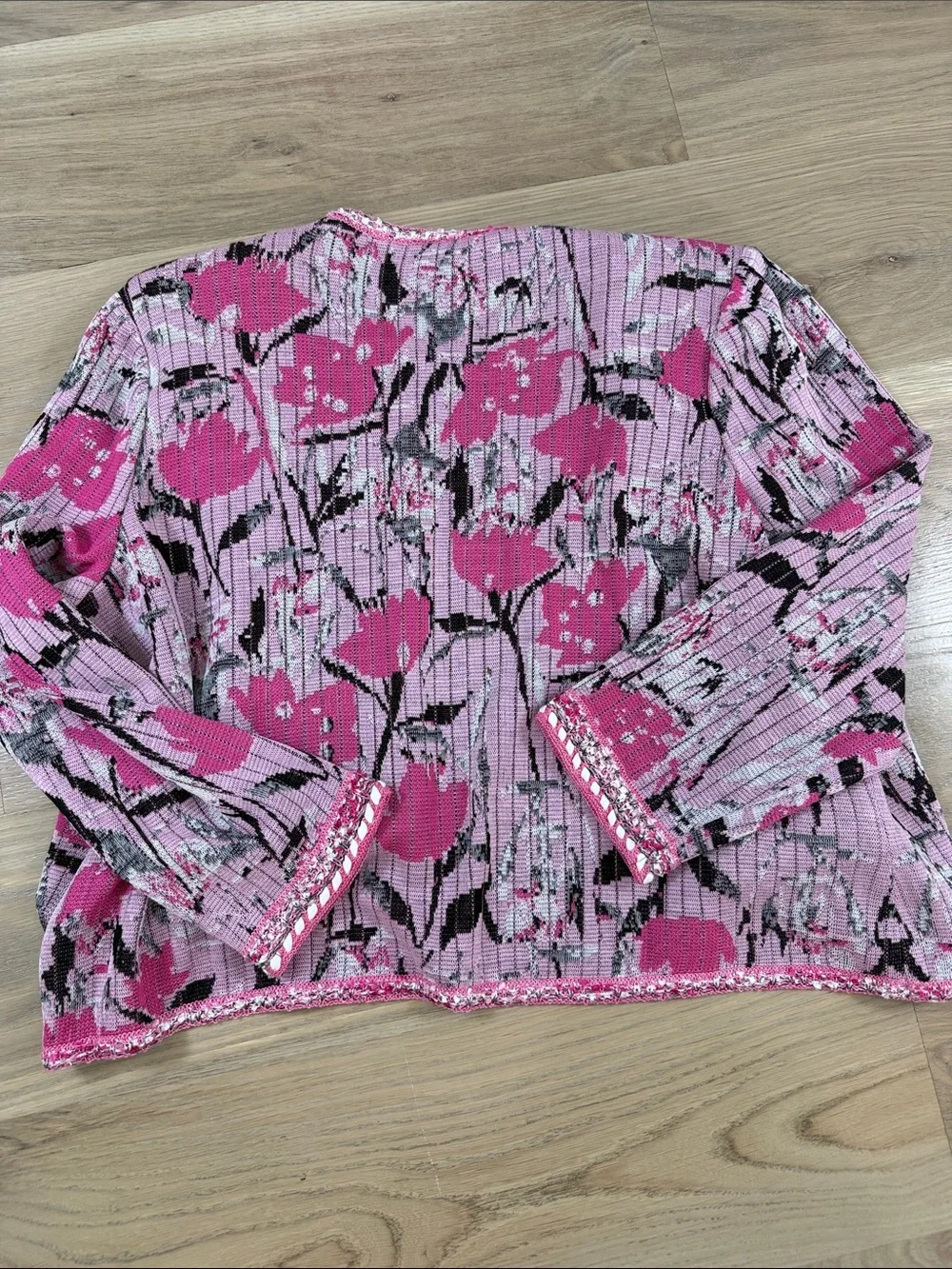 Ming Wang Fuchsia Pink Floral Knit Jacket Textured Blazer Cardigan L